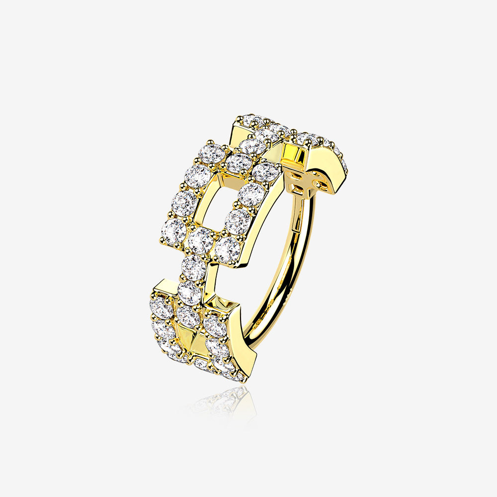 14 Karat Gold Square Chain Link Sparkle Design Seamless Clicker Hoop Ring-Clear Gem