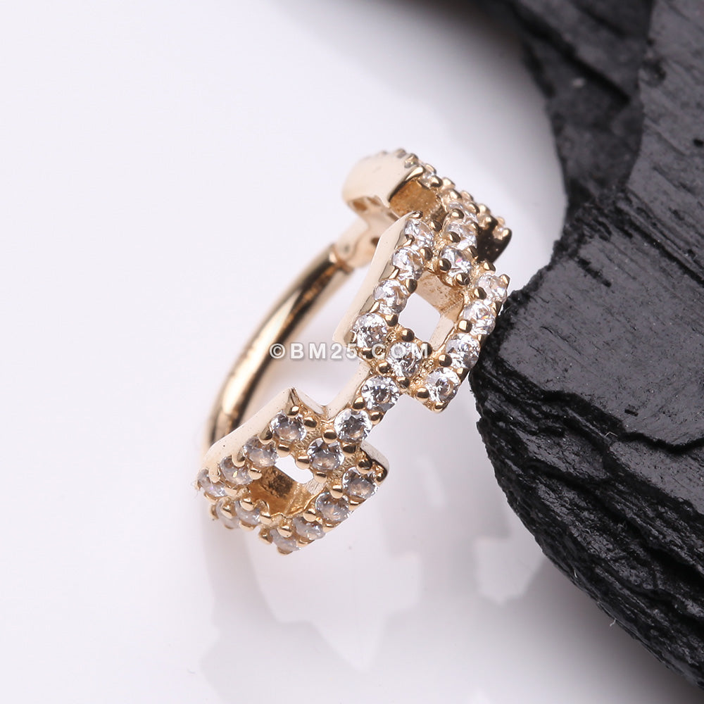 Detail View 1 of 14 Karat Gold Square Chain Link Sparkle Design Seamless Clicker Hoop Ring-Clear Gem