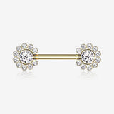 A Pair of Golden Magnificent Floral Sparkle Threadless Nipple Barbell