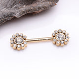 Detail View 1 of A Pair of Golden Magnificent Floral Sparkle Threadless Nipple Barbell-Clear Gem