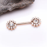 Detail View 1 of A Pair of Rose Gold Magnificent Floral Sparkle Threadless Nipple Barbell-Clear Gem