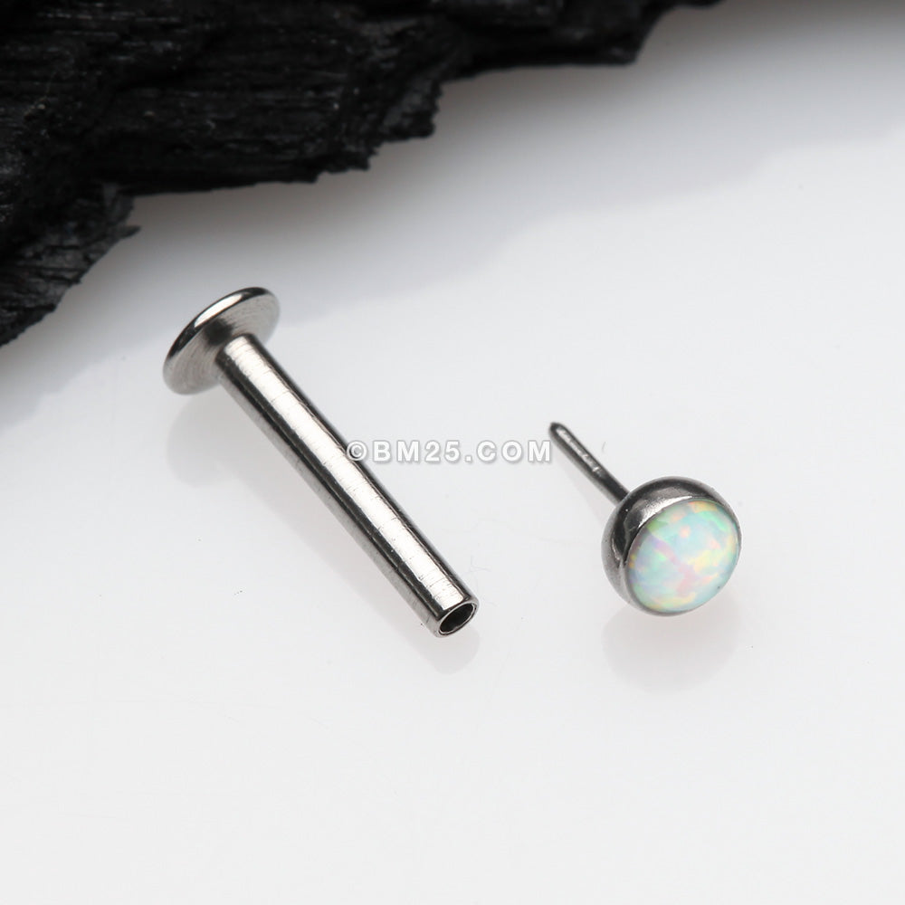 Detail View 2 of Fire Opal Bezel Set Top Threadless Push-In Steel Labret-White Opal