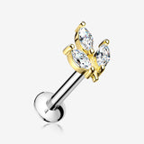 Golden Marquise Sparkle Leaf Top Threadless Push-In Steel Labret-Clear Gem