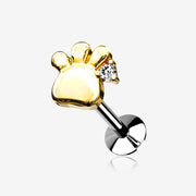Golden Adorable Sparkle Paw Top Threadless Push-In Steel Labret