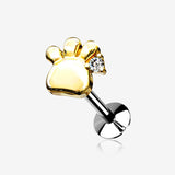 Golden Adorable Sparkle Paw Top Threadless Push-In Steel Labret-Clear Gem
