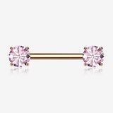 A Pair of Implant Grade Titanium Rose Gold PVD OneFit Threadless Prong Gem Sparkle Nipple Barbell-Pink