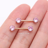 Detail View 2 of A Pair of Implant Grade Titanium Rose Gold PVD OneFit Threadless Prong Gem Sparkle Nipple Barbell-Pink