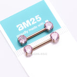 Detail View 3 of A Pair of Implant Grade Titanium Rose Gold PVD OneFit Threadless Prong Gem Sparkle Nipple Barbell-Pink