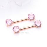 Detail View 1 of A Pair of Implant Grade Titanium Rose Gold PVD OneFit Threadless Prong Gem Sparkle Nipple Barbell-Pink