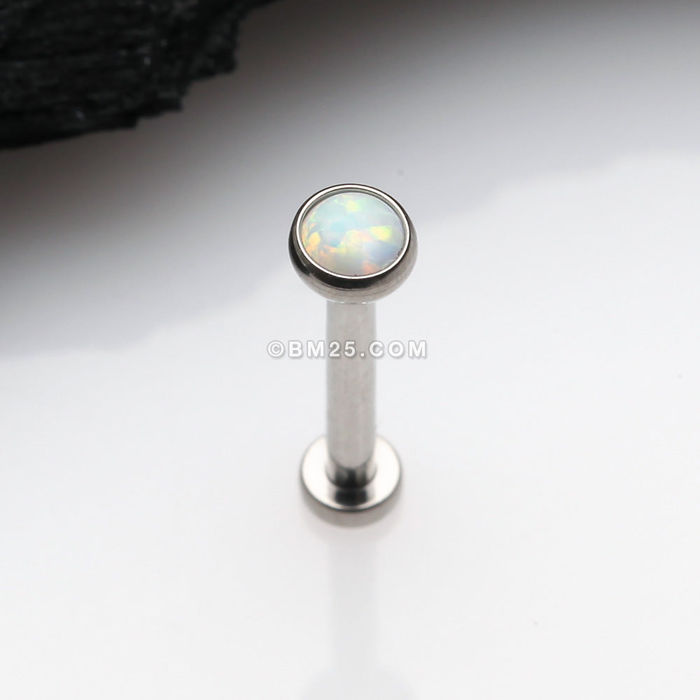 Detail View 1 of Implant Grade Titanium OneFit Threadless Fire Opal Bezel Set Top Flat Back Stud Labret-White Opal