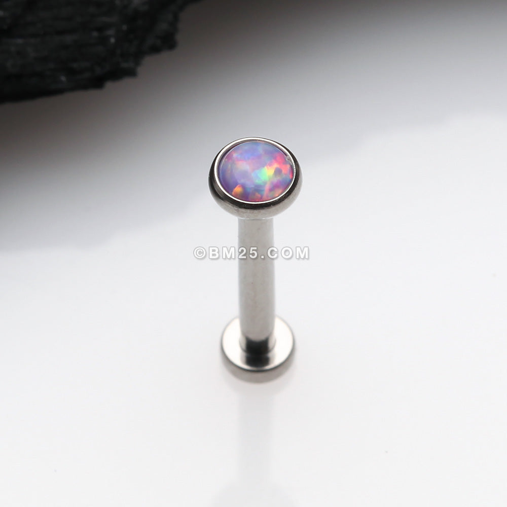Detail View 1 of Implant Grade Titanium OneFit Threadless Fire Opal Bezel Set Top Flat Back Stud Labret-Purple Opal