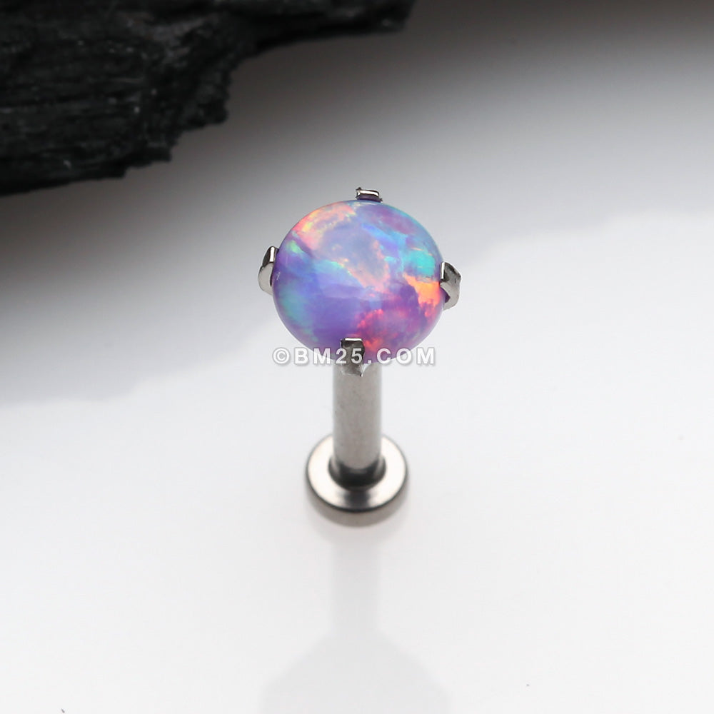 Detail View 1 of Implant Grade Titanium OneFit‚Ñ¢ Threadless Fire Opal Prong Set Top Flat Back Stud Labret-Purple Opal