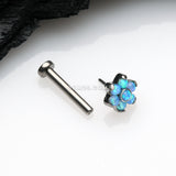 Detail View 2 of Implant Grade Titanium OneFit‚Ñ¢ Threadless Brilliant Fire Opal Flower Top Flat Back Stud Labret-Blue Opal