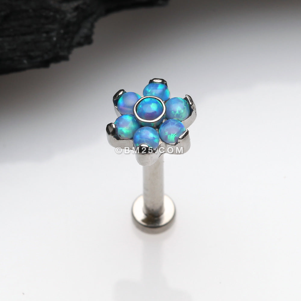 Detail View 1 of Implant Grade Titanium OneFit‚Ñ¢ Threadless Brilliant Fire Opal Flower Top Flat Back Stud Labret-Blue Opal