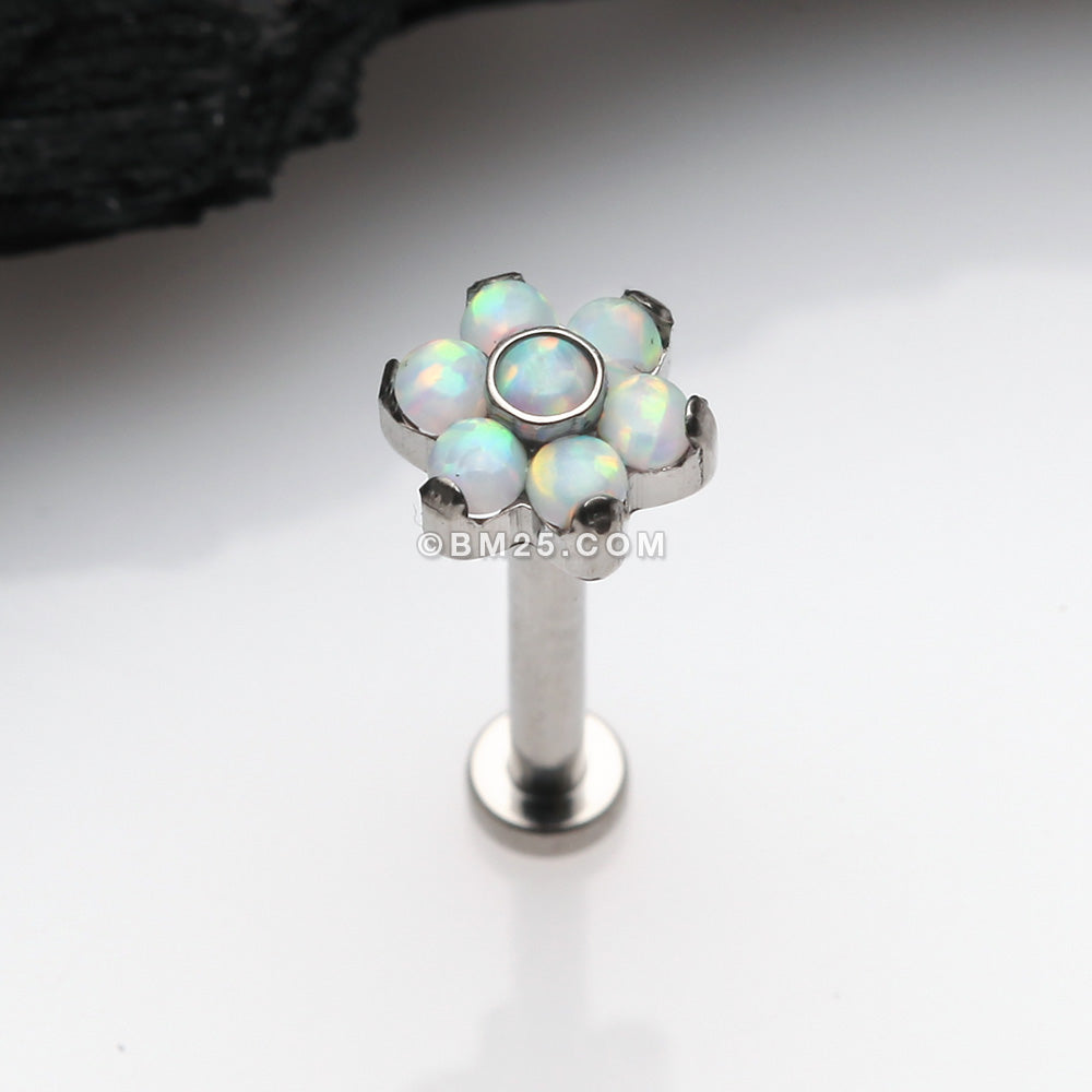 Detail View 1 of Implant Grade Titanium OneFit Threadless Brilliant Fire Opal Flower Top Flat Back Stud Labret-White Opal