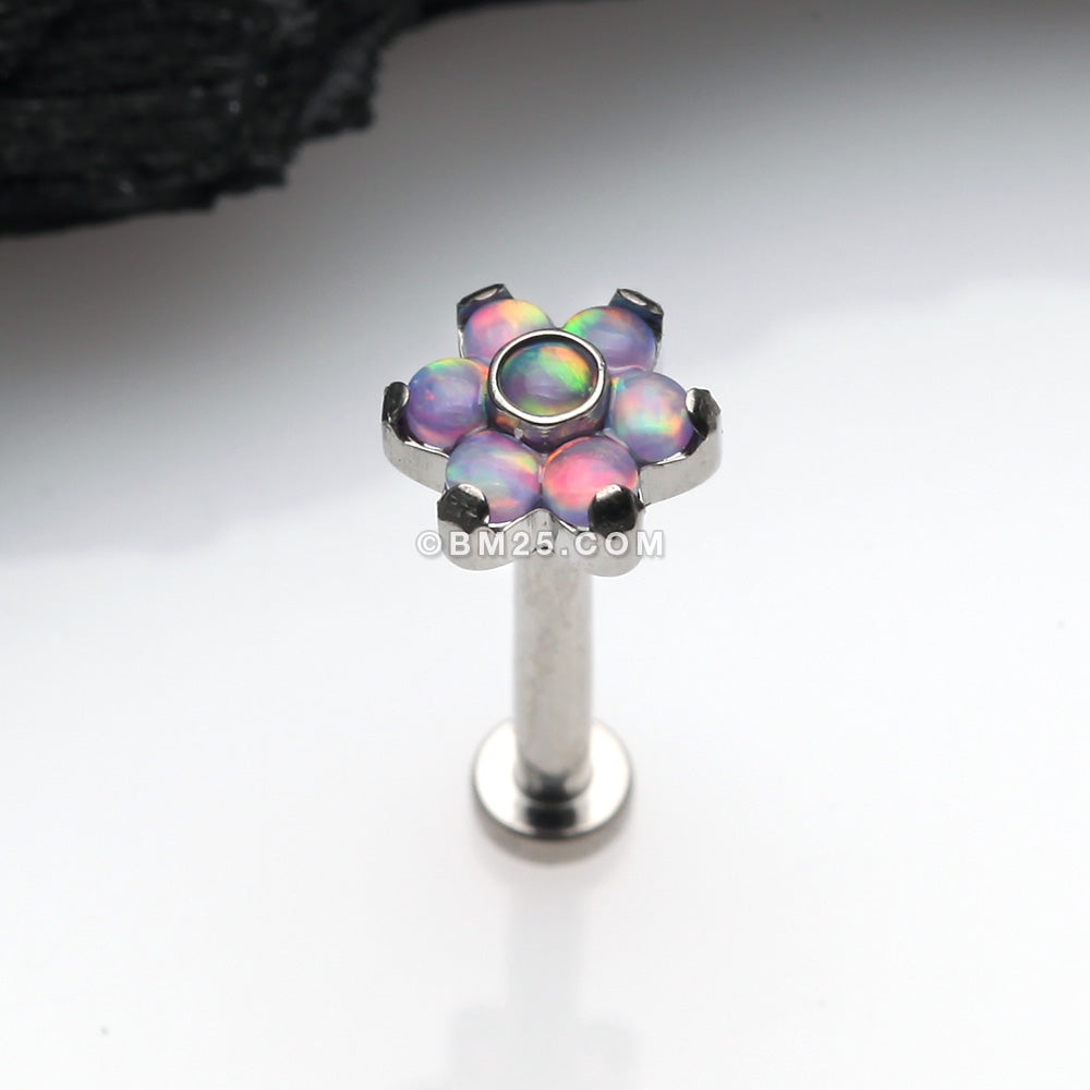 Detail View 1 of Implant Grade Titanium OneFit Threadless Brilliant Fire Opal Flower Top Flat Back Stud Labret-Purple Opal