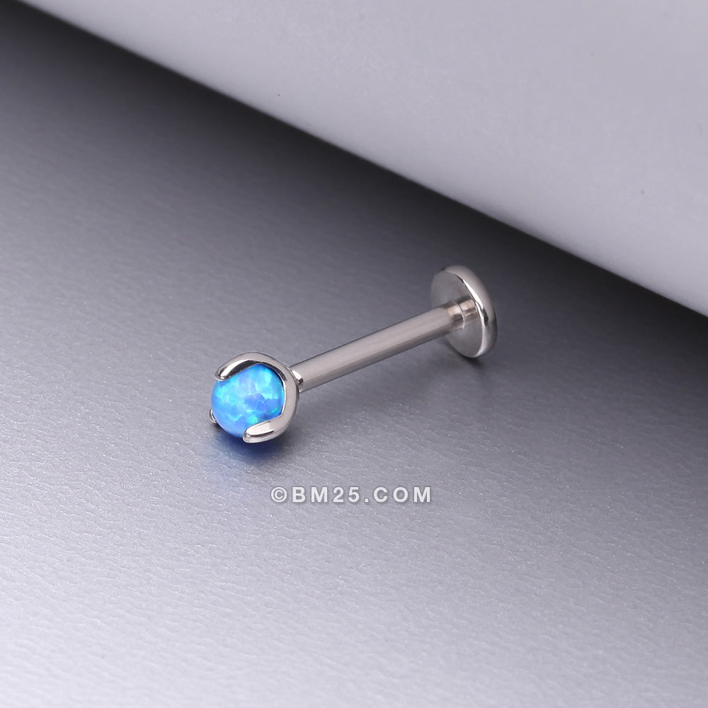 Detail View 1 of Implant Grade Titanium OneFit‚Ñ¢ Threadless Fire Opal Ball Claw Prong Set Flat Back Stud Labret-Blue Opal