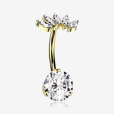 Implant Grade Titanium Gold PVD OneFit Threadless Marquise Curve Top Belly Button Ring-Clear Gem