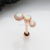 Detail View 1 of Rose Gold Fire Opal Bubble Trio Sparkle Cartilage Tragus Barbell Earring-White Opal