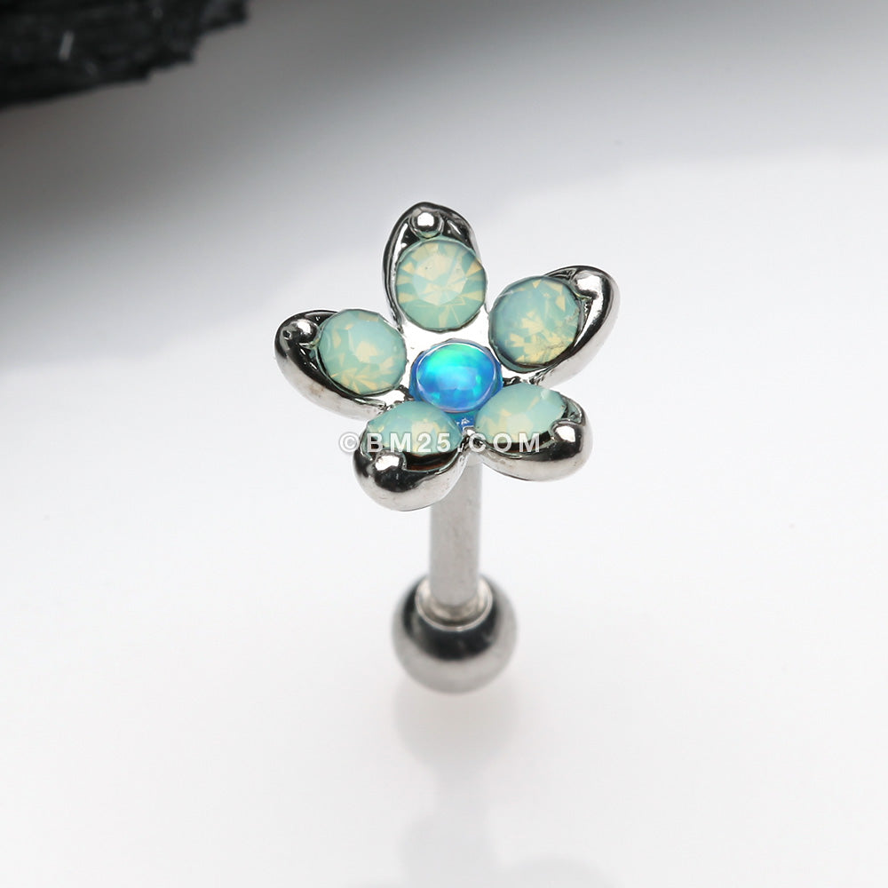 Detail View 1 of Opalite Delight Fire Opal Flower Cartilage Tragus Barbell Earring-Blue Opal