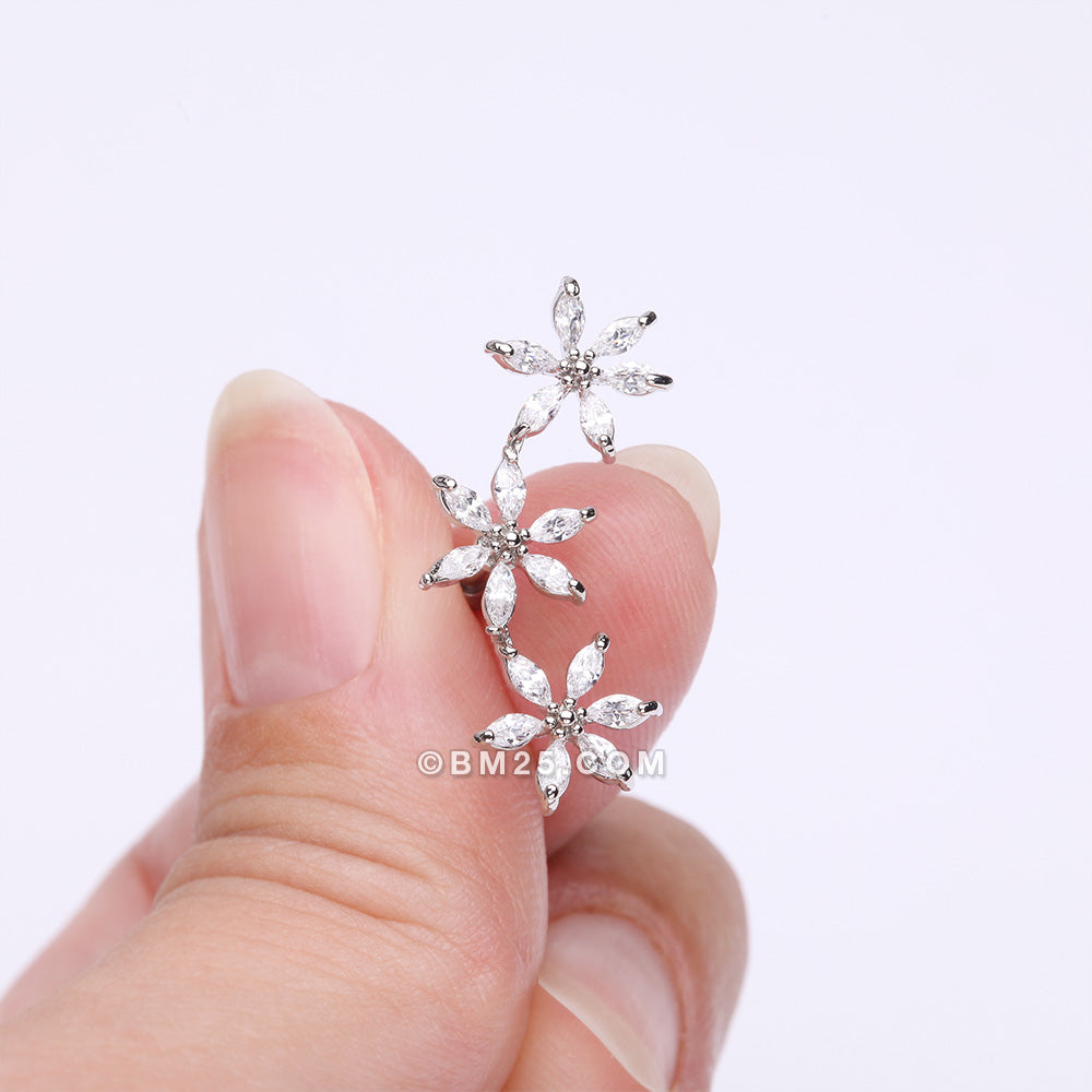 Detail View 2 of Grand Sparkle Triple Flowers Steel Cartilage Tragus Barbell Stud-Clear Gem