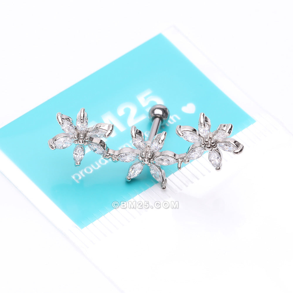 Detail View 3 of Grand Sparkle Triple Flowers Steel Cartilage Tragus Barbell Stud-Clear Gem