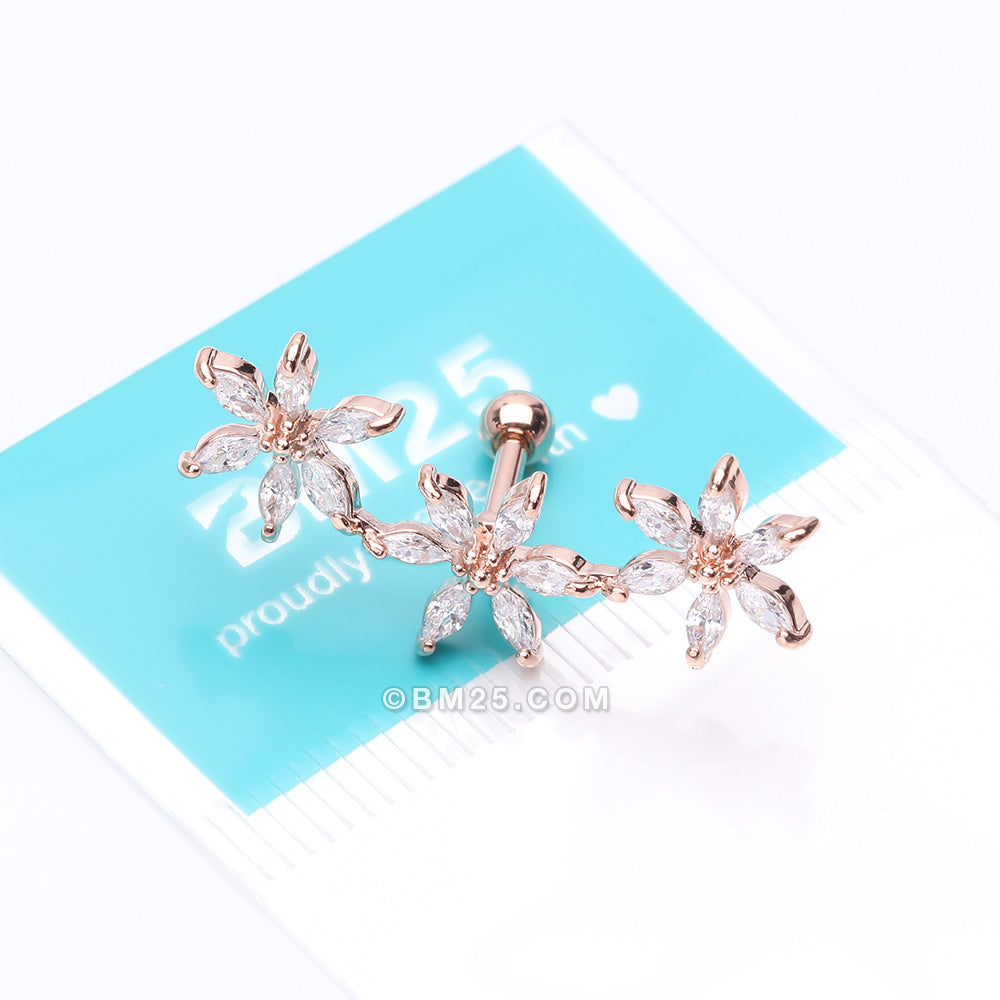 Detail View 3 of Rose Gold Grand Sparkle Triple Flowers Steel Cartilage Tragus Barbell Stud-Clear Gem
