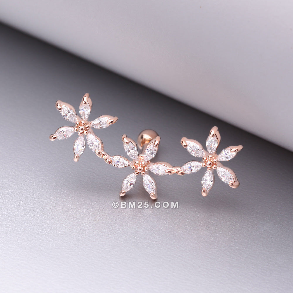 Detail View 1 of Rose Gold Grand Sparkle Triple Flowers Steel Cartilage Tragus Barbell Stud-Clear Gem