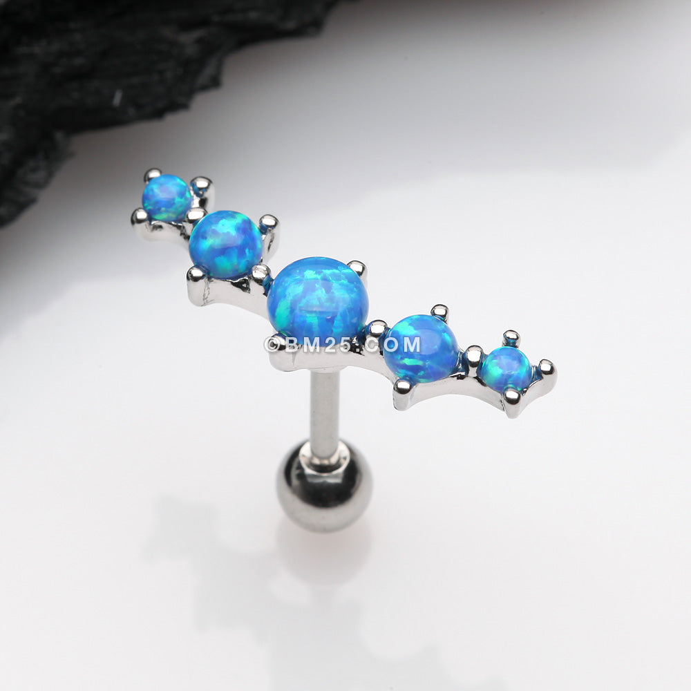 Detail View 1 of Fire Opal Journey Curve Prong Set Cartilage Tragus Barbell Earring-Blue Opal