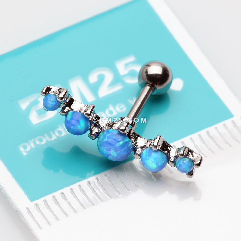 Detail View 2 of Fire Opal Journey Curve Prong Set Cartilage Tragus Barbell Earring-Blue Opal