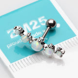 Detail View 2 of Fire Opal Journey Curve Prong Set Cartilage Tragus Barbell Earring-White Opal
