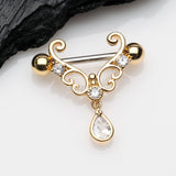 Detail View 1 of A Pair of Golden Royal Heart Filigree Sparkle Dangle Nipple Shield-Clear Gem