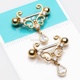 Detail View 2 of A Pair of Golden Royal Heart Filigree Sparkle Dangle Nipple Shield-Clear Gem
