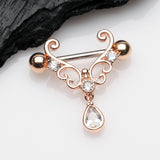 Detail View 1 of A Pair of Rose Gold Royal Heart Filigree Sparkle Dangle Nipple Shield-Clear Gem