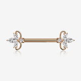 A Pair of Rose Gold Royal Floral Spear Sparkle Elegance Nipple Barbell-Clear Gem