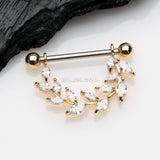 Detail View 1 of A Pair of Golden Marquise Sparkle Allure Leaves Dangle Nipple Shield-Clear Gem