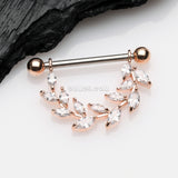 Detail View 1 of A Pair of Rose Gold Marquise Sparkle Allure Leaves Dangle Nipple Shield-Clear Gem