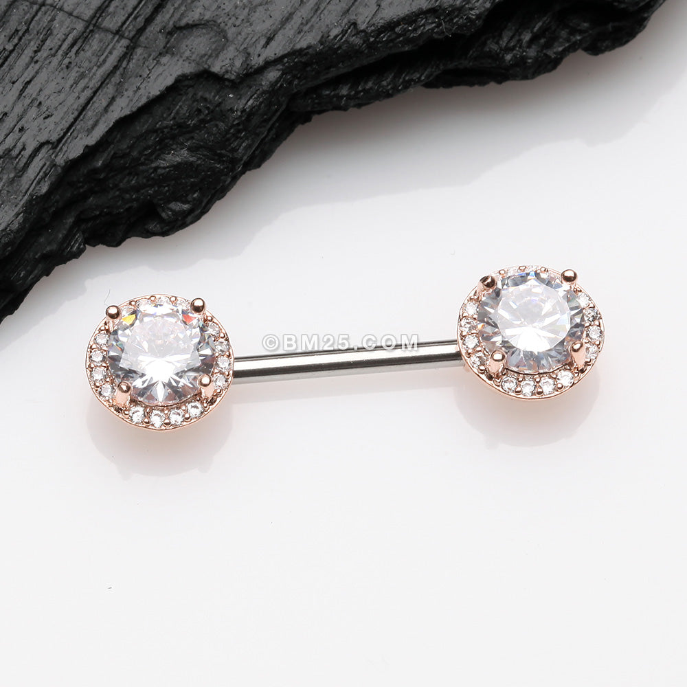 Detail View 1 of A Pair of Rose Gold Brilliant Multi-Gem Sparkle Nipple Barbell-Clear Gem