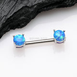 Detail View 1 of A Pair of Fire Opal Prong Set Sparkle Nipple Barbell-Blue Opal