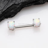 Detail View 1 of A Pair of Fire Opal Prong Set Sparkle Nipple Barbell-White Opal