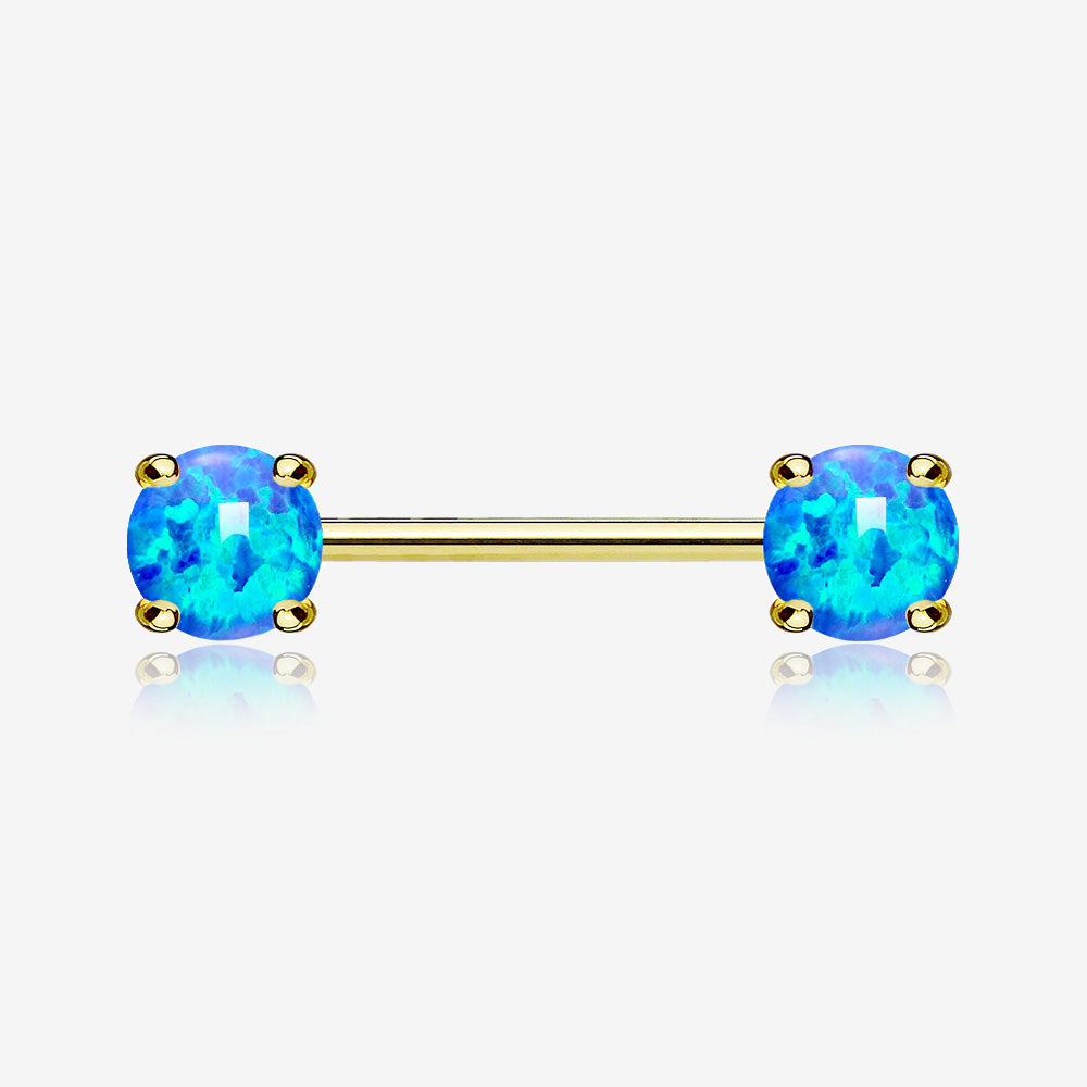 A Pair of Golden Fire Opal Prong Set Sparkle Nipple Barbell-Blue Opal