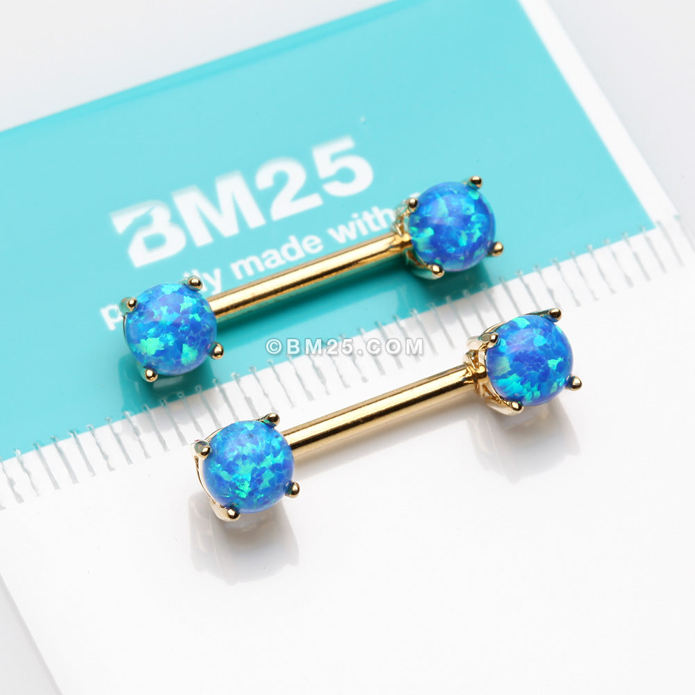 Detail View 2 of A Pair of Golden Fire Opal Prong Set Sparkle Nipple Barbell-Blue Opal