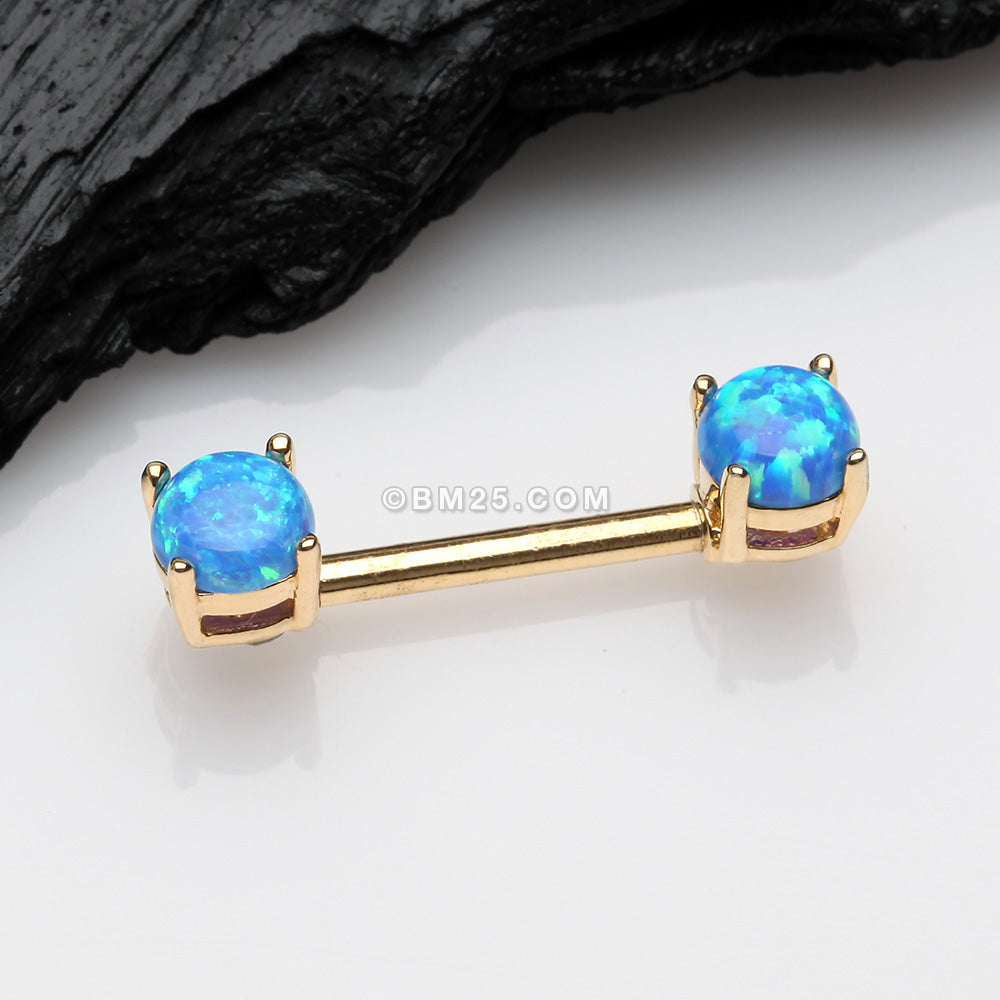 Detail View 1 of A Pair of Golden Fire Opal Prong Set Sparkle Nipple Barbell-Blue Opal