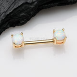 Detail View 1 of A Pair of Golden Fire Opal Prong Set Sparkle Nipple Barbell-White Opal