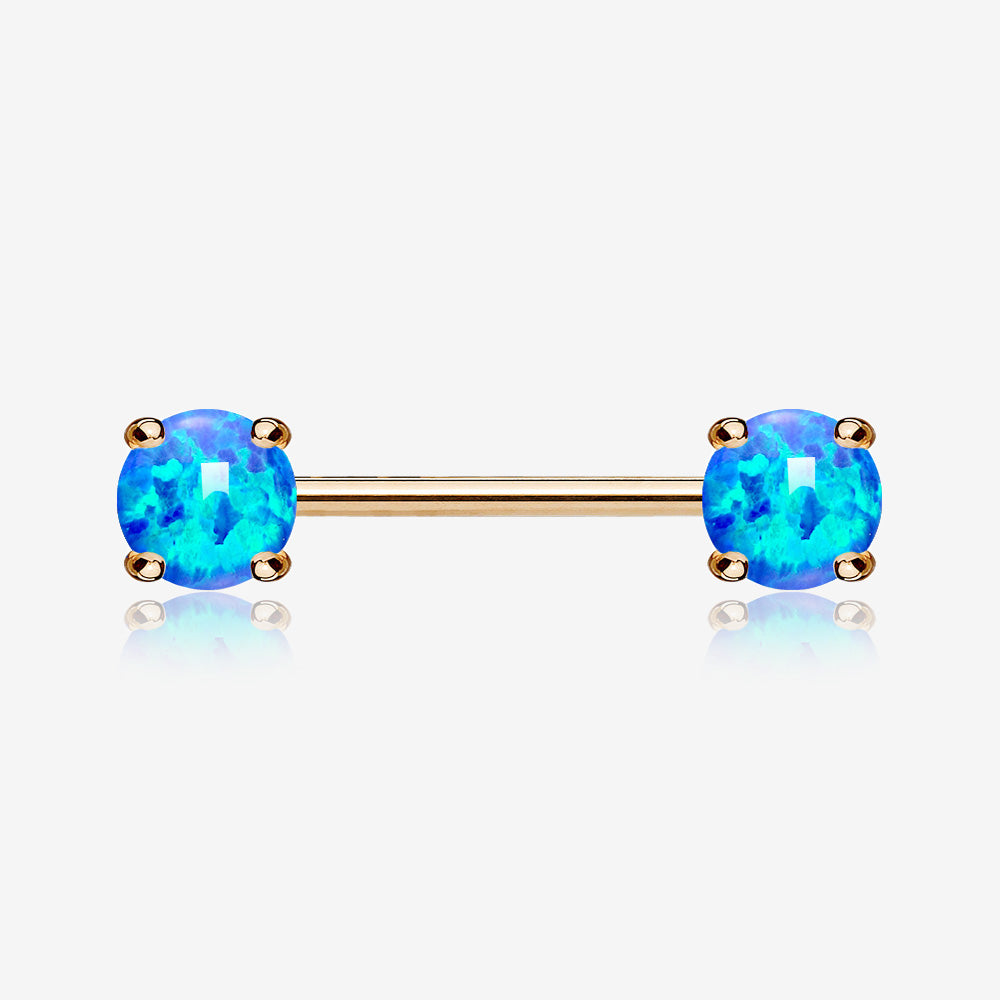 A Pair of Rose Gold Fire Opal Prong Set Sparkle Nipple Barbell-Blue Opal