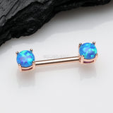 Detail View 1 of A Pair of Rose Gold Fire Opal Prong Set Sparkle Nipple Barbell-Blue Opal