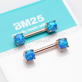 Detail View 2 of A Pair of Rose Gold Fire Opal Prong Set Sparkle Nipple Barbell-Blue Opal