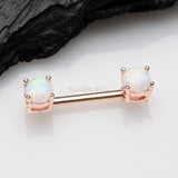 Detail View 1 of A Pair of Rose Gold Fire Opal Prong Set Sparkle Nipple Barbell-White Opal