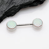 Detail View 1 of A Pair of Iridescent Mermaid Scale Nipple Barbell-Iridescent Pink