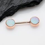 Detail View 1 of A Pair of Rose Gold Iridescent Mermaid Scale Nipple Barbell-Iridescent Pink